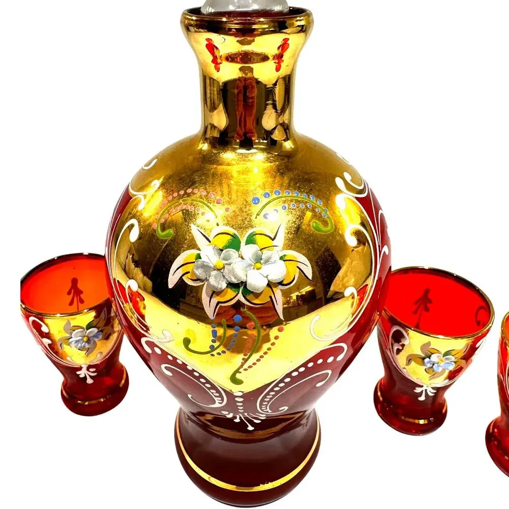 Bohemian Cranberry Glass Decanter Shot Glass Set Hand Painted Gold Floral Design